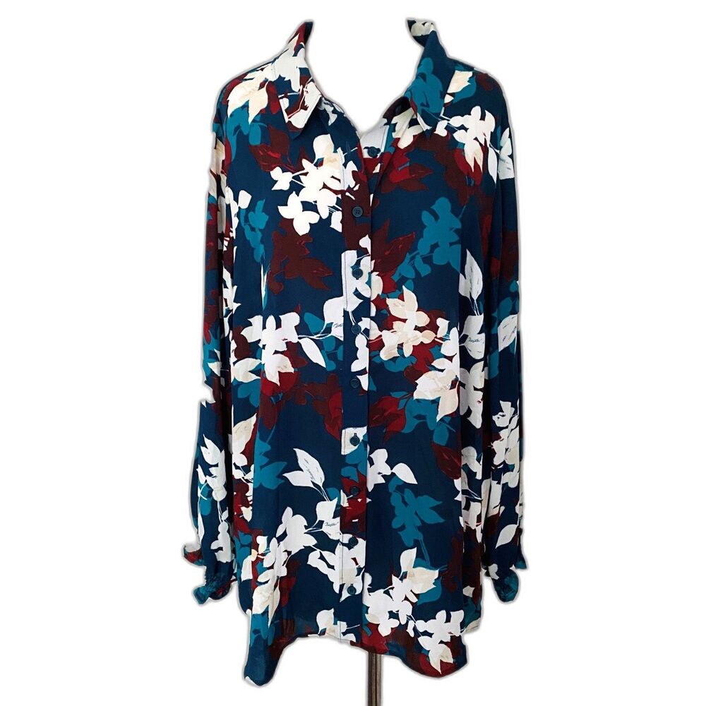 NWT Lane Bryant Plus Size Leaf Print Button Up Long Sleeve Blouse Top Sz  22/24